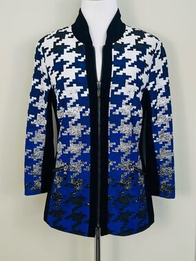 Joseph Ribkoff Blue and Black Houndstooth Zip Dress Coat